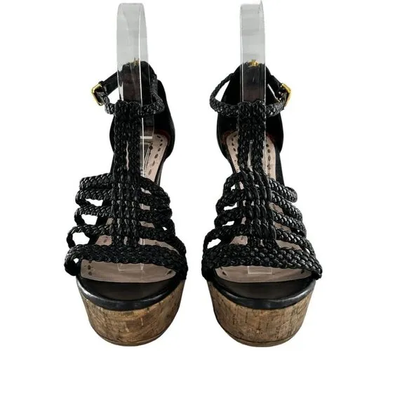 Miu Miu Black Braided Leather Cork Platform Sandals Heels Size 37.5