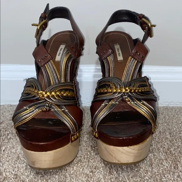Miu Miu Brown and Gold Platform Sandals with Woven Straps