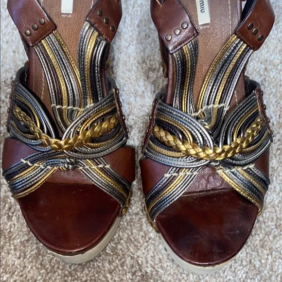 Miu Miu Brown and Gold Platform Sandals with Woven Straps