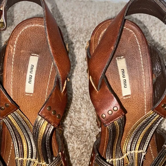 Miu Miu Brown and Gold Platform Sandals with Woven Straps