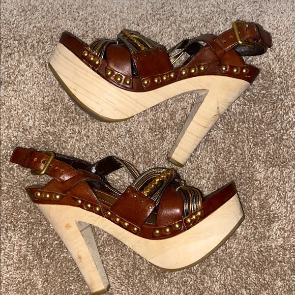 Miu Miu Brown and Gold Platform Sandals with Woven Straps