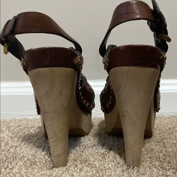 Miu Miu Brown and Gold Platform Sandals with Woven Straps