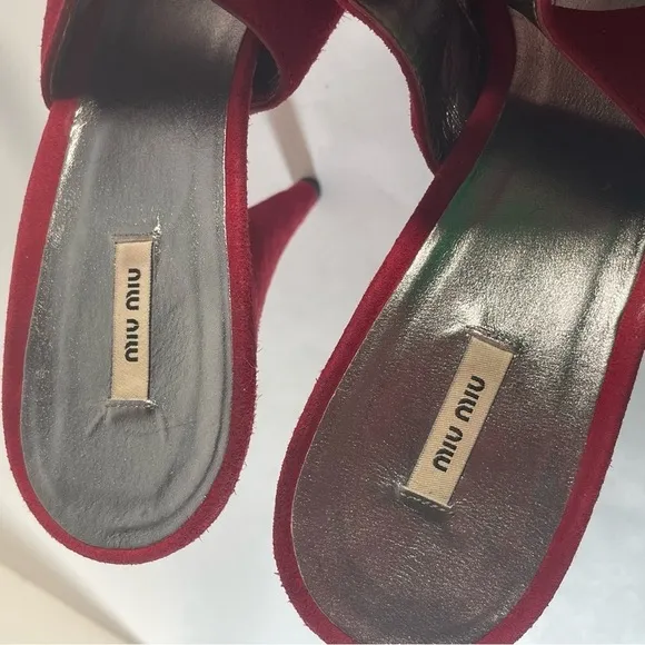 Miu Miu Red Suede Peep Toe Slingback Platform Sandals Size 38.5 Cone Heels