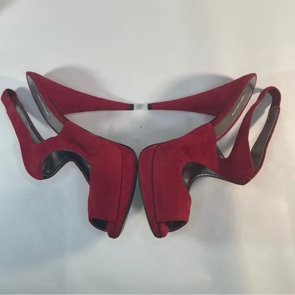 Miu Miu Red Suede Peep Toe Slingback Platform Sandals Size 38.5 Cone Heels