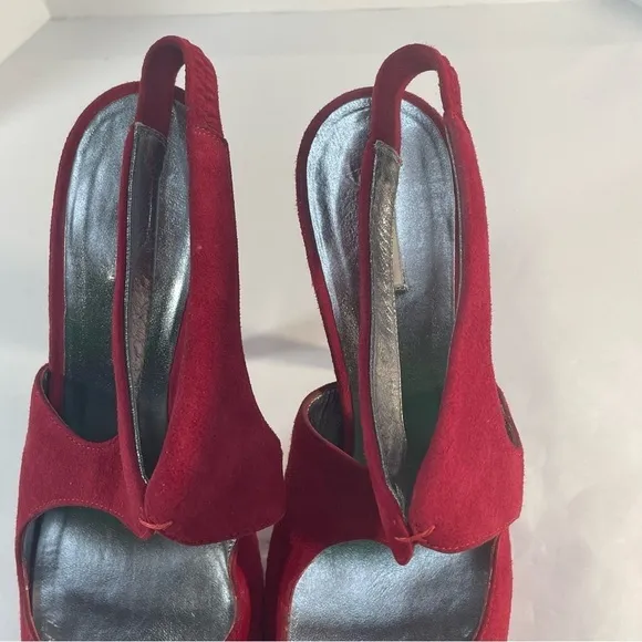 Miu Miu Red Suede Peep Toe Slingback Platform Sandals Size 38.5 Cone Heels