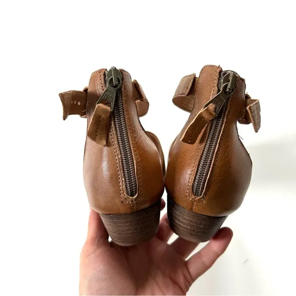Miz Mooz Cassie Brown Cognac Gathered Leathered Strappy Heeled Ankle Sandals