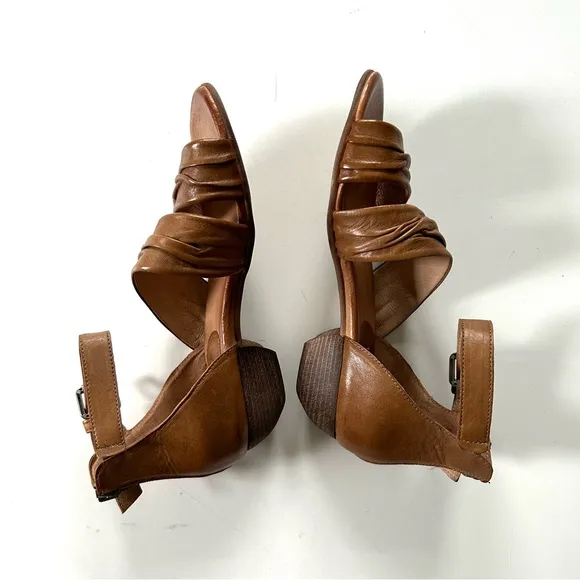 Miz Mooz Cassie Brown Cognac Gathered Leathered Strappy Heeled Ankle Sandals