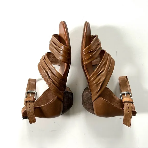 Miz Mooz Cassie Brown Cognac Gathered Leathered Strappy Heeled Ankle Sandals