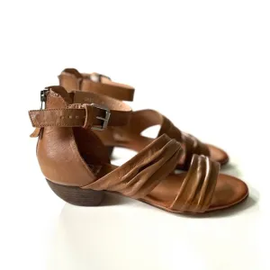Miz Mooz Cassie Brown Cognac Gathered Leathered Strappy Heeled Ankle Sandals