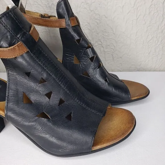 Miz Mooz Leather Peep-Toe High Heel Sandals Black Laser Cut Size 41 EU 10 US