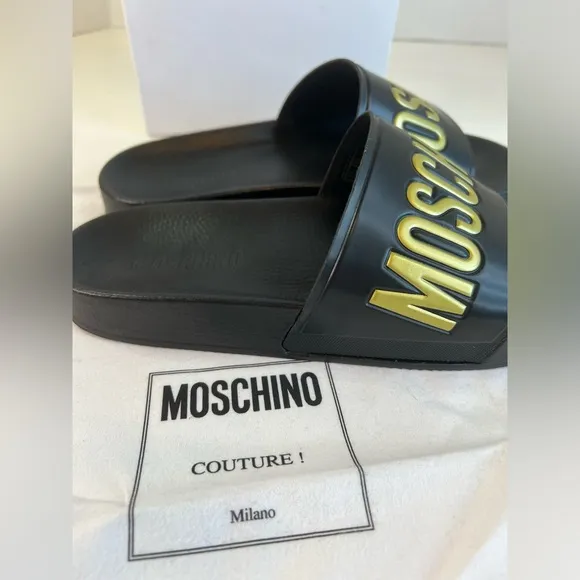 Moschino Logo Embossed Pool Sandals in Black &amp; Gold Size 37