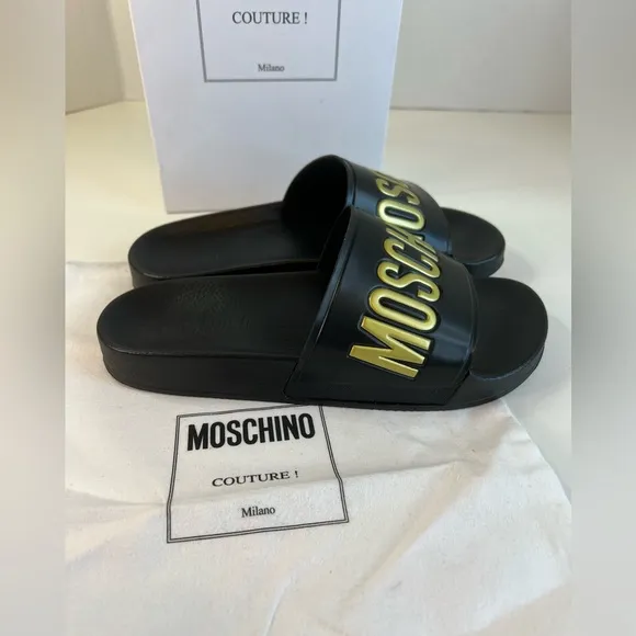 Moschino Logo Embossed Pool Sandals in Black &amp; Gold Size 37