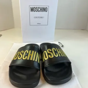 Moschino Logo Embossed Pool Sandals in Black &amp; Gold Size 37