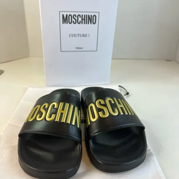 Moschino Logo Embossed Pool Sandals in Black &amp; Gold Size 37