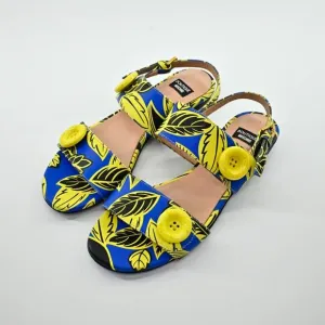 MOSCHINO Sandals Womens Size 35 Boutique Blue Yellow Leaf Print Strappy Shoe