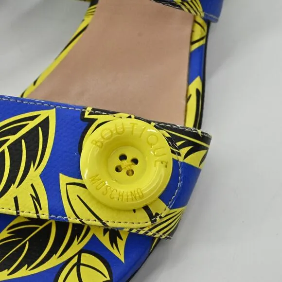 MOSCHINO Sandals Womens Size 35 Boutique Blue Yellow Leaf Print Strappy Shoe