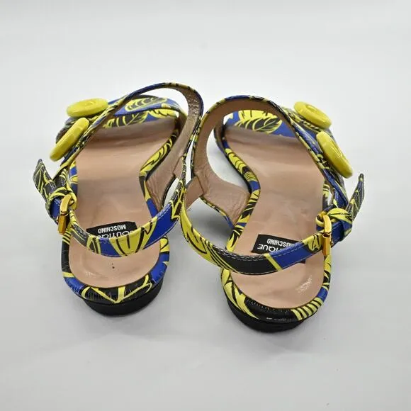 MOSCHINO Sandals Womens Size 35 Boutique Blue Yellow Leaf Print Strappy Shoe