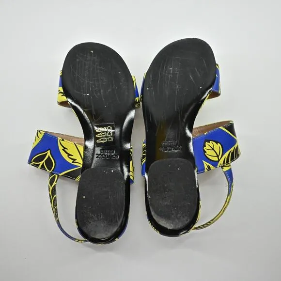 MOSCHINO Sandals Womens Size 35 Boutique Blue Yellow Leaf Print Strappy Shoe