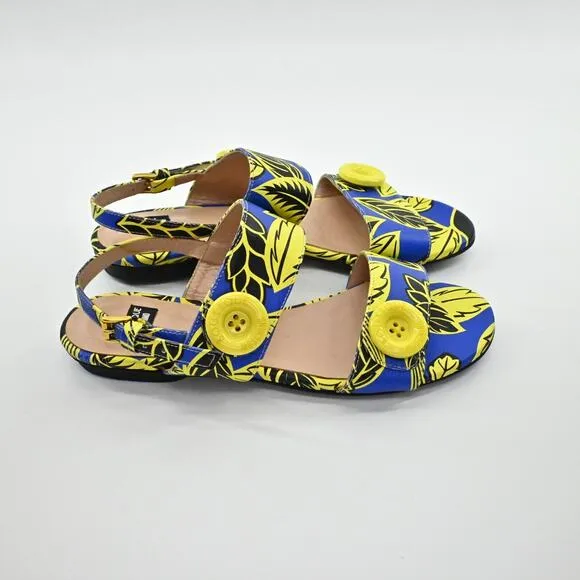 MOSCHINO Sandals Womens Size 35 Boutique Blue Yellow Leaf Print Strappy Shoe