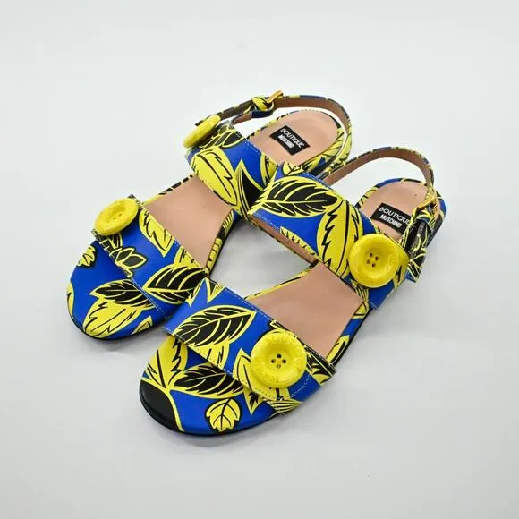 MOSCHINO Sandals Womens Size 35 Boutique Blue Yellow Leaf Print Strappy Shoe