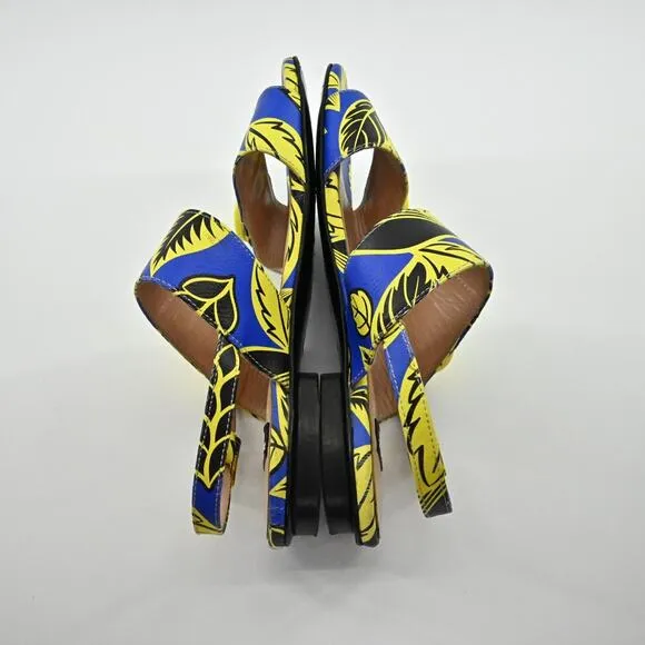 MOSCHINO Sandals Womens Size 35 Boutique Blue Yellow Leaf Print Strappy Shoe