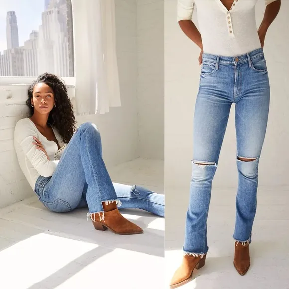 MOTHER Denim the Runaway Step Fray Jeans in Spice It Up Bootcut Flare Hem 28