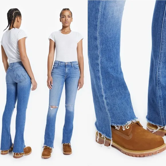 MOTHER Denim the Runaway Step Fray Jeans in Spice It Up Bootcut Flare Hem 28