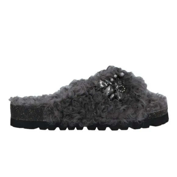 Movie's Shearling Rhinestone Brooch Flat Cozy Sandals Gray Size 8