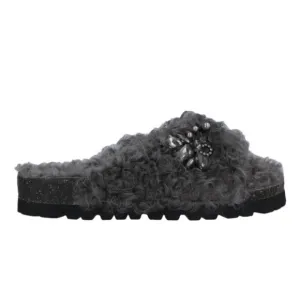 Movie's Shearling Rhinestone Brooch Flat Cozy Sandals Gray Size 8