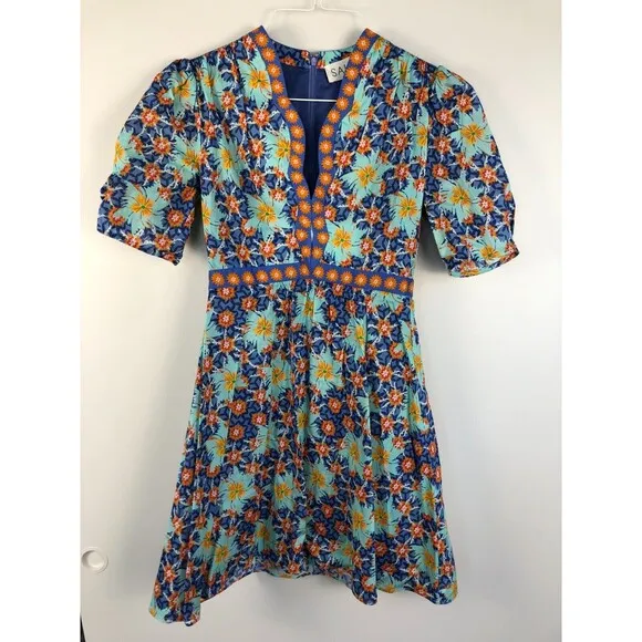 MSRP $565 SALONI Tabitha floral cotton-poplin mini dress 100% cotton size US 2
