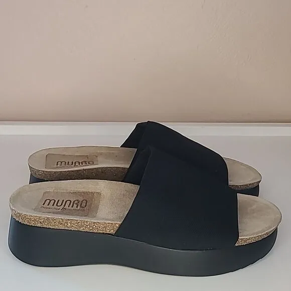 MUNRO Casita Slide Sandals Platform Wedge Black Stretch Fabric Size 9M NWOB