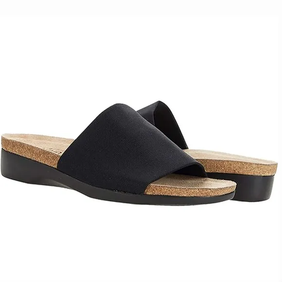 MUNRO Casita Slide Sandals Platform Wedge Black Stretch Fabric Size 9M NWOB