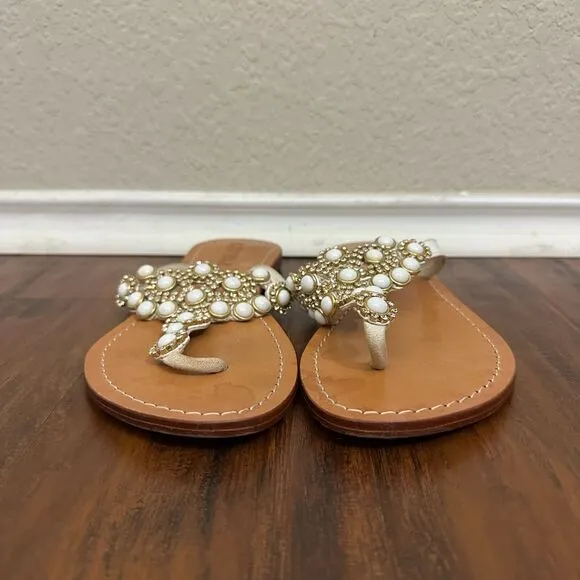MYSTIQUE White Jeweled &quot;Pearl&quot; Rhinestones Leather Thong Sandals Flip Flop