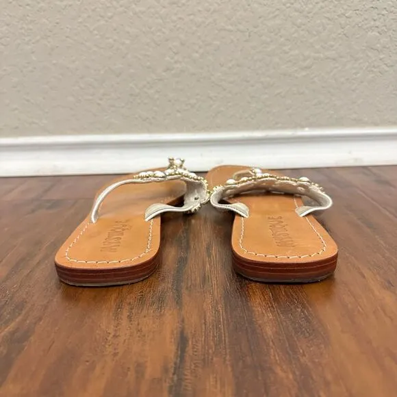 MYSTIQUE White Jeweled &quot;Pearl&quot; Rhinestones Leather Thong Sandals Flip Flop