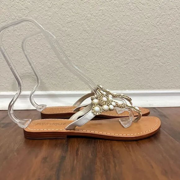 MYSTIQUE White Jeweled &quot;Pearl&quot; Rhinestones Leather Thong Sandals Flip Flop