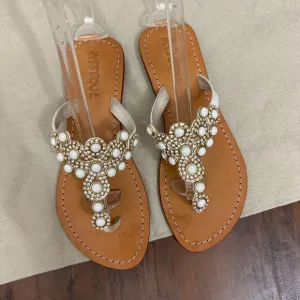 MYSTIQUE White Jeweled &quot;Pearl&quot; Rhinestones Leather Thong Sandals Flip Flop