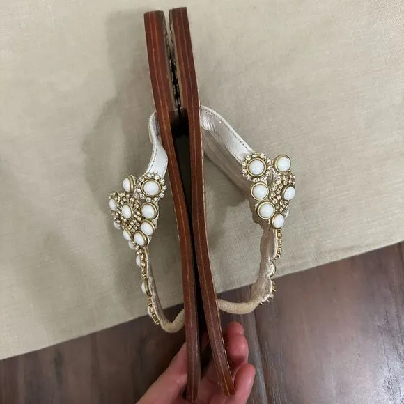 MYSTIQUE White Jeweled &quot;Pearl&quot; Rhinestones Leather Thong Sandals Flip Flop