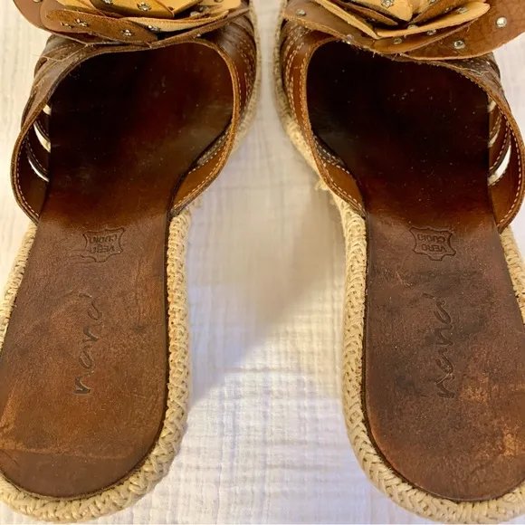 Nana Italian Leather Wedge Sandals Sz 6.5 Artisan Made Floral Tan Brown READ