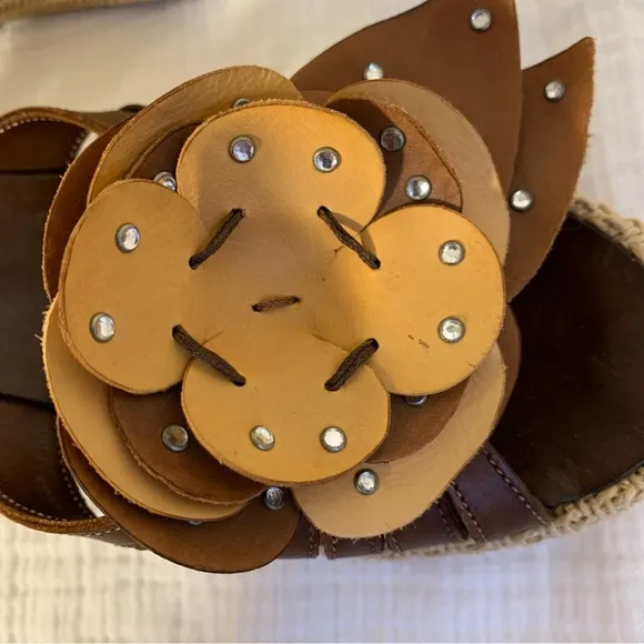 Nana Italian Leather Wedge Sandals Sz 6.5 Artisan Made Floral Tan Brown READ