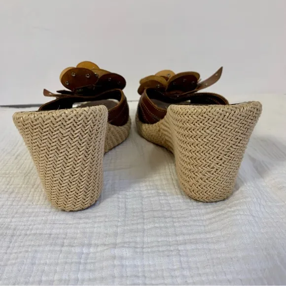 Nana Italian Leather Wedge Sandals Sz 6.5 Artisan Made Floral Tan Brown READ