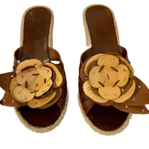 Nana Italian Leather Wedge Sandals Sz 6.5 Artisan Made Floral Tan Brown READ