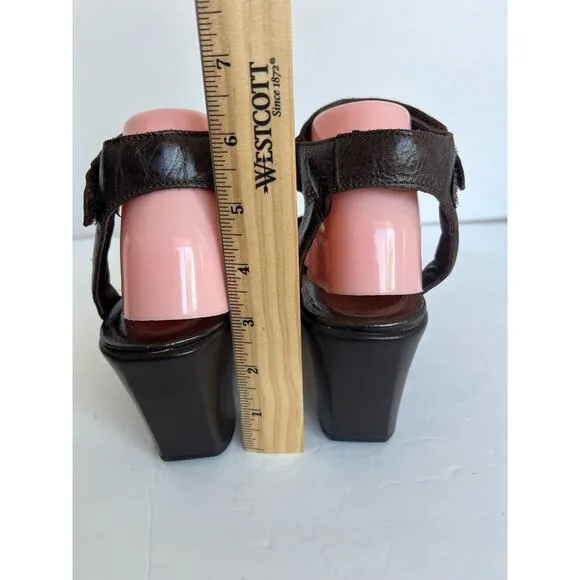 NAOT FLIRT Ankle T-strap Platform Wedge Heels Sandals Brown Leather Sz 10 - 41