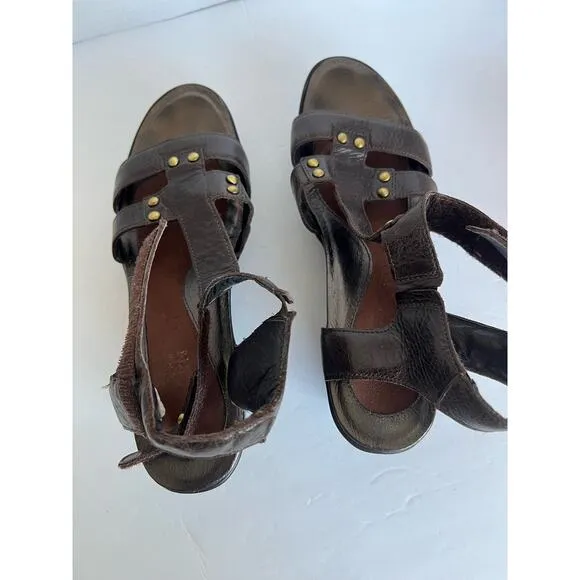 NAOT FLIRT Ankle T-strap Platform Wedge Heels Sandals Brown Leather Sz 10 - 41