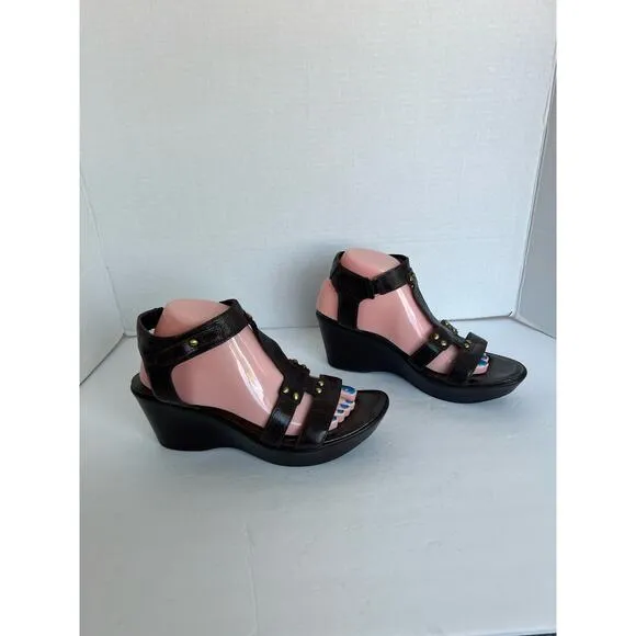 NAOT FLIRT Ankle T-strap Platform Wedge Heels Sandals Brown Leather Sz 10 - 41