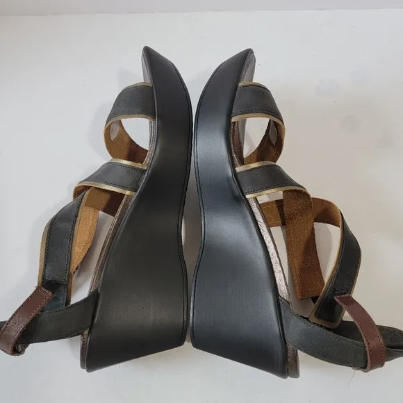 NAOT Gesture Criss-Cross Strap Black Leather Wedges Sandals Sz 42/11 Comfy