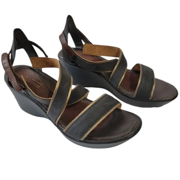 NAOT Gesture Criss-Cross Strap Black Leather Wedges Sandals Sz 42/11 Comfy