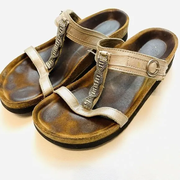 NAOT Malibu T-Strap Sandals Womens 38/US 7-7.5 Leather Adjustable Beaded Slides