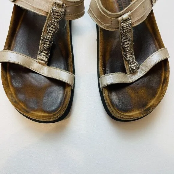 NAOT Malibu T-Strap Sandals Womens 38/US 7-7.5 Leather Adjustable Beaded Slides