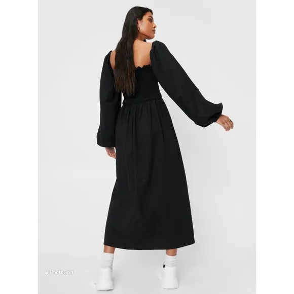 Nasty Gal Puff Sleeve Linen Look Midi Smock Dress 0