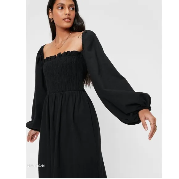 Nasty Gal Puff Sleeve Linen Look Midi Smock Dress 0